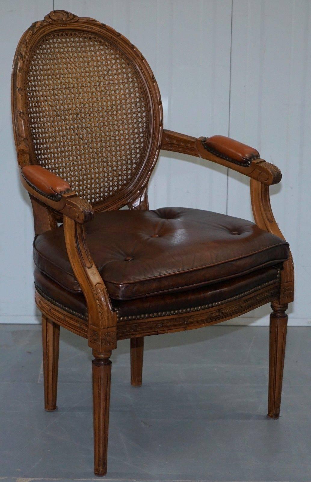 Danish Pair of Vintage Dutch Handmade Brown Leather and Rattan Occasional Armchairs