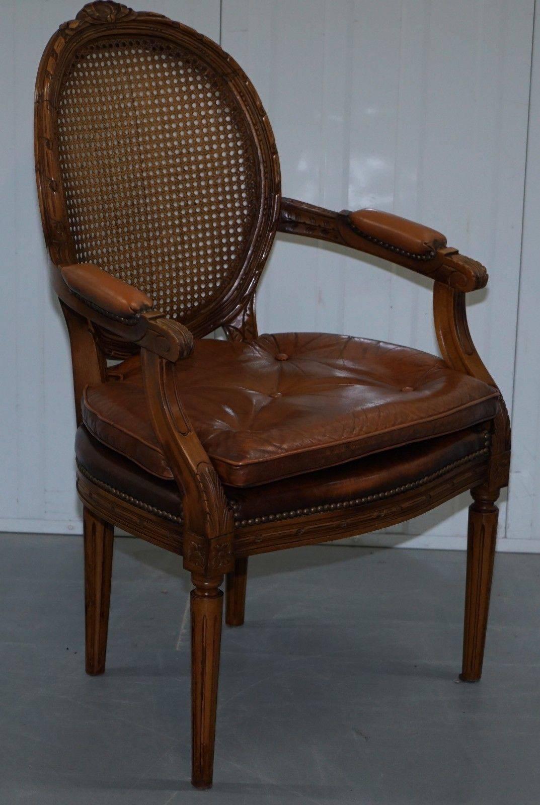 Pair of Vintage Dutch Handmade Brown Leather and Rattan Occasional Armchairs 2