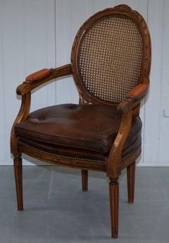 Pair of Vintage Dutch Handmade Brown Leather and Rattan Occasional Armchairs