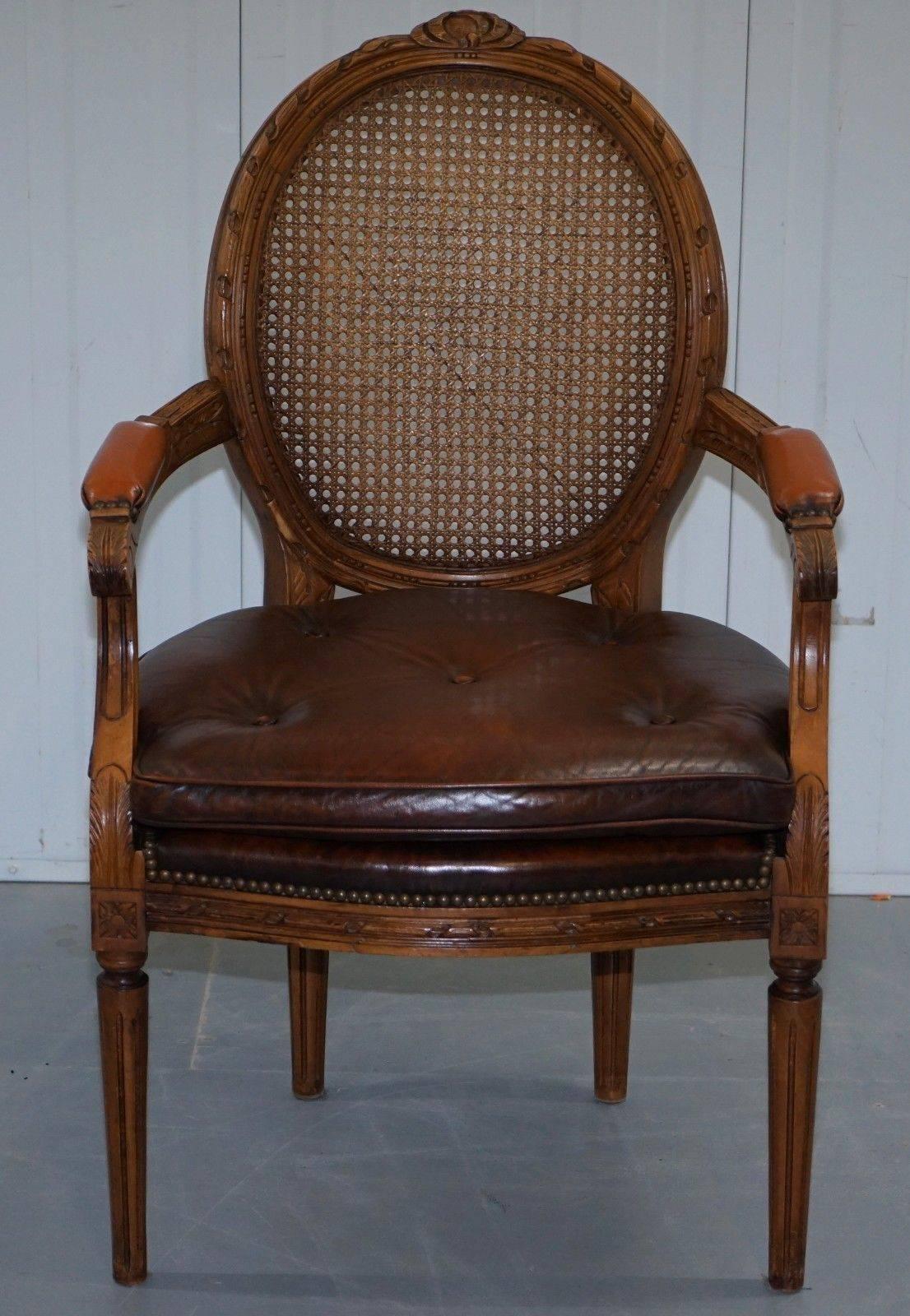 Rococo Pair of Vintage Dutch Handmade Brown Leather and Rattan Occasional Armchairs