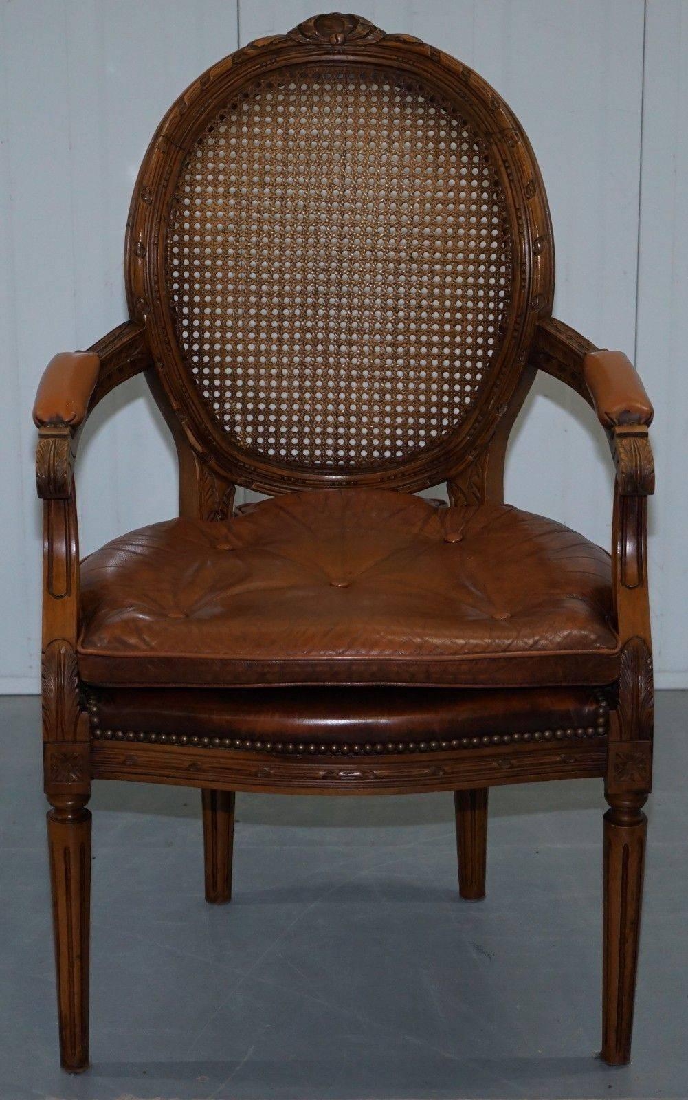 Pair of Vintage Dutch Handmade Brown Leather and Rattan Occasional Armchairs 3
