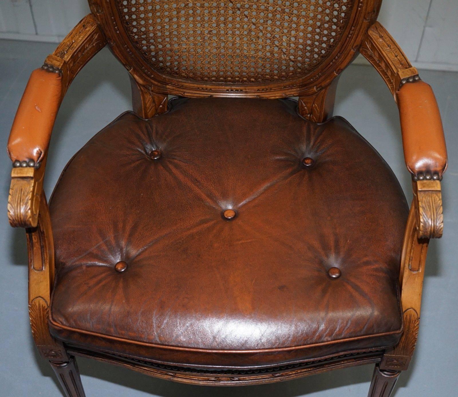 Hand-Carved Pair of Vintage Dutch Handmade Brown Leather and Rattan Occasional Armchairs