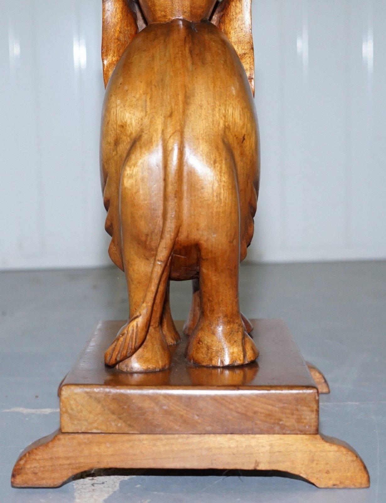 20th Century Nice Solid Teak Hand-Carved Chinese Elephant Side End Lamp Wine Table Nice Find