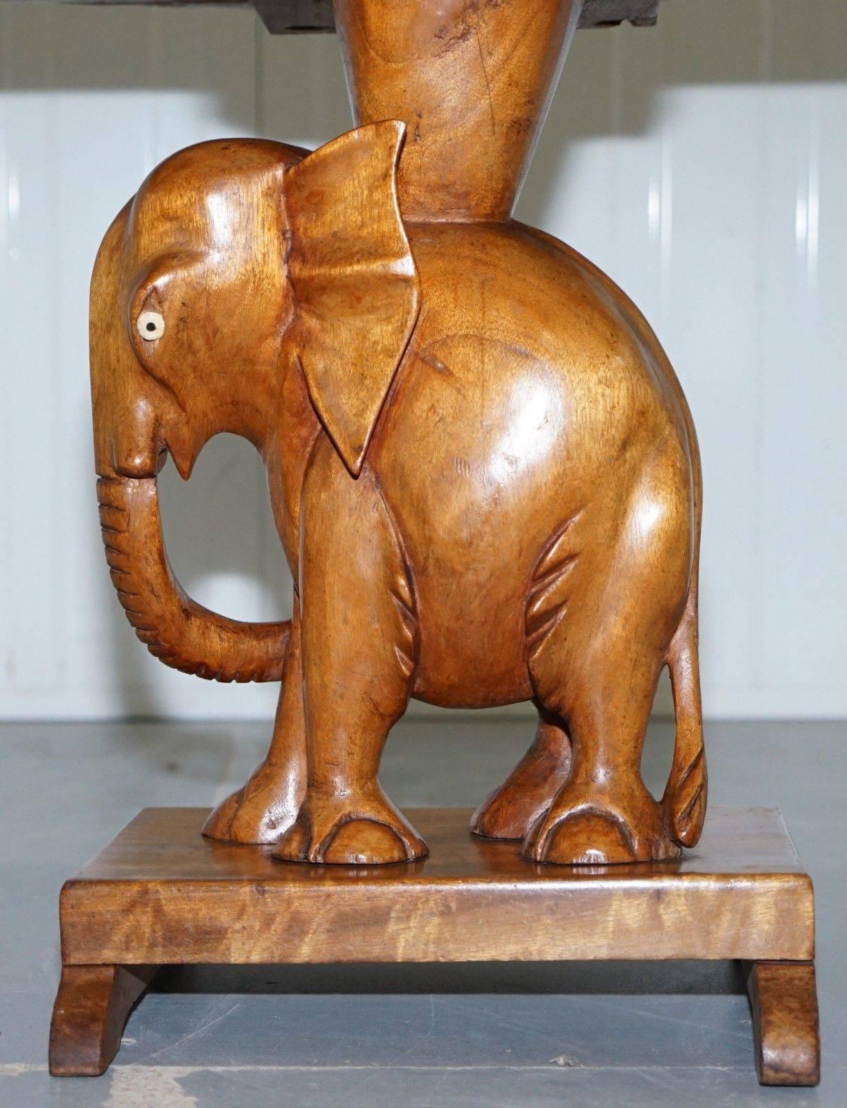 Anglo-Indian Nice Solid Teak Hand-Carved Chinese Elephant Side End Lamp Wine Table Nice Find