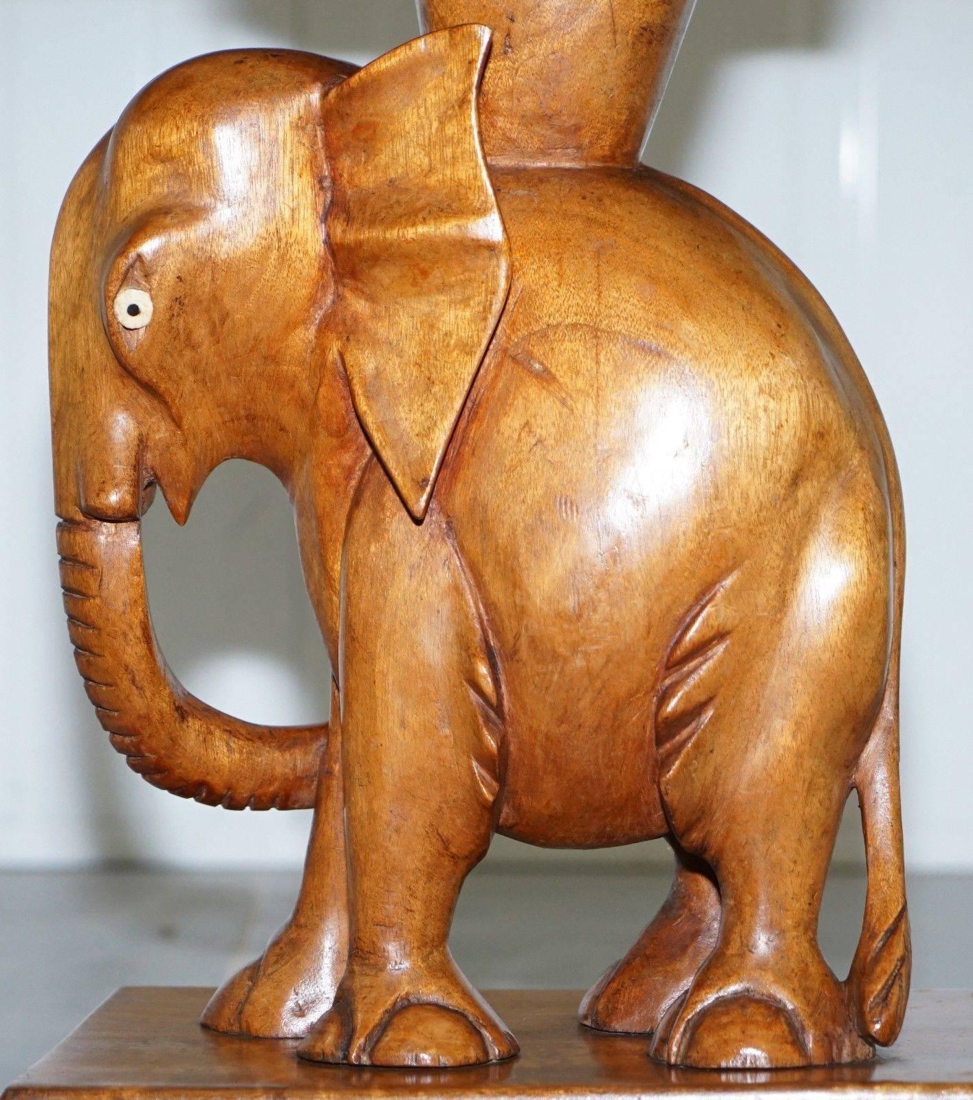 Indian Nice Solid Teak Hand-Carved Chinese Elephant Side End Lamp Wine Table Nice Find