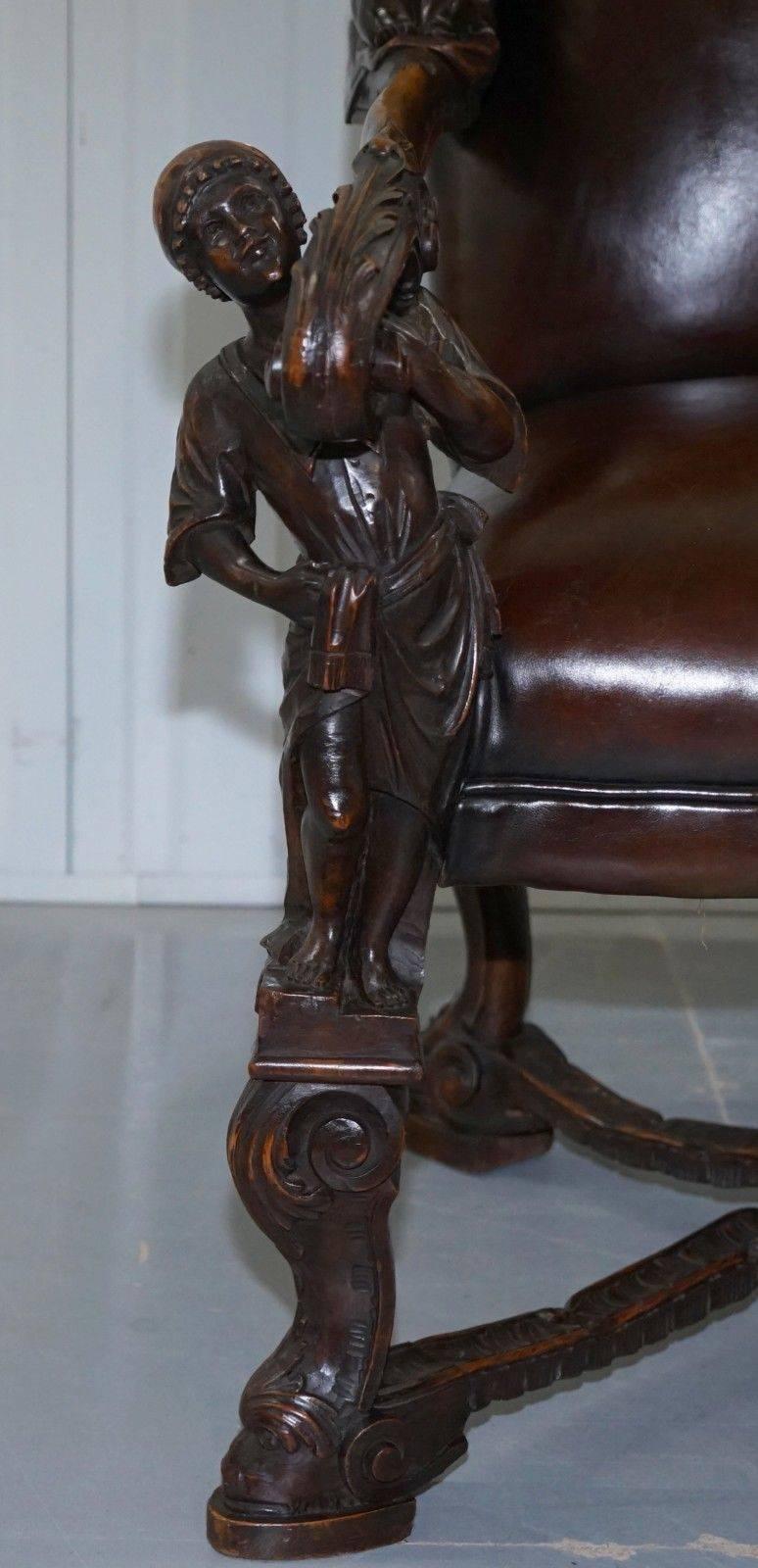 Cuir Andrea Brustolon Canapé en noyer baroque vénitien sculpté Canapé banc en cuir Brown en vente