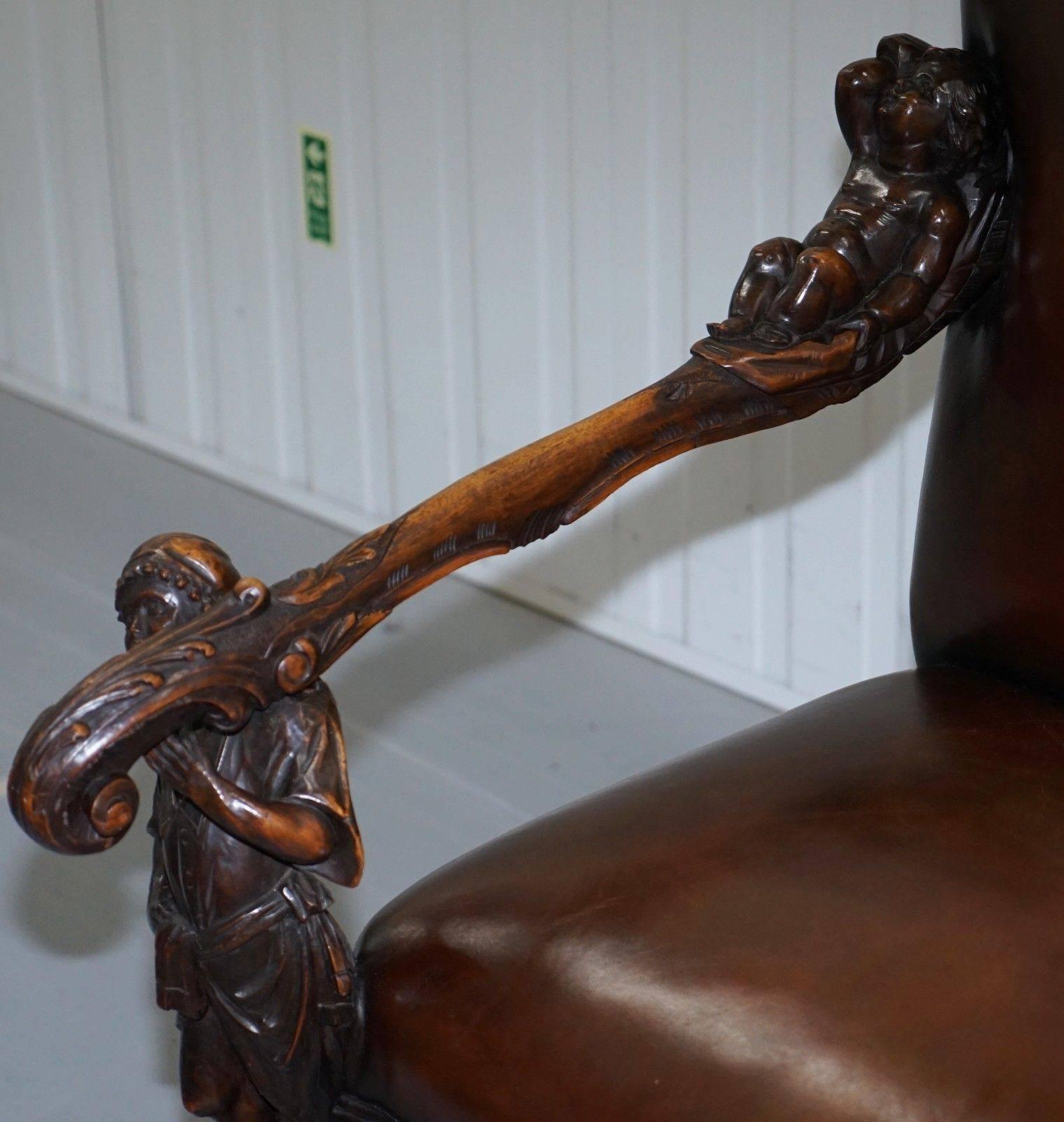 Milieu du XIXe siècle Andrea Brustolon Canapé en noyer baroque vénitien sculpté Canapé banc en cuir Brown en vente