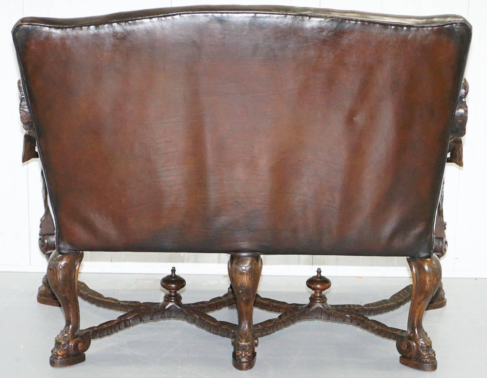 Andrea Brustolon Carved Venetian Baroque Walnut Settee Sofa Bench Brown Leather For Sale 4