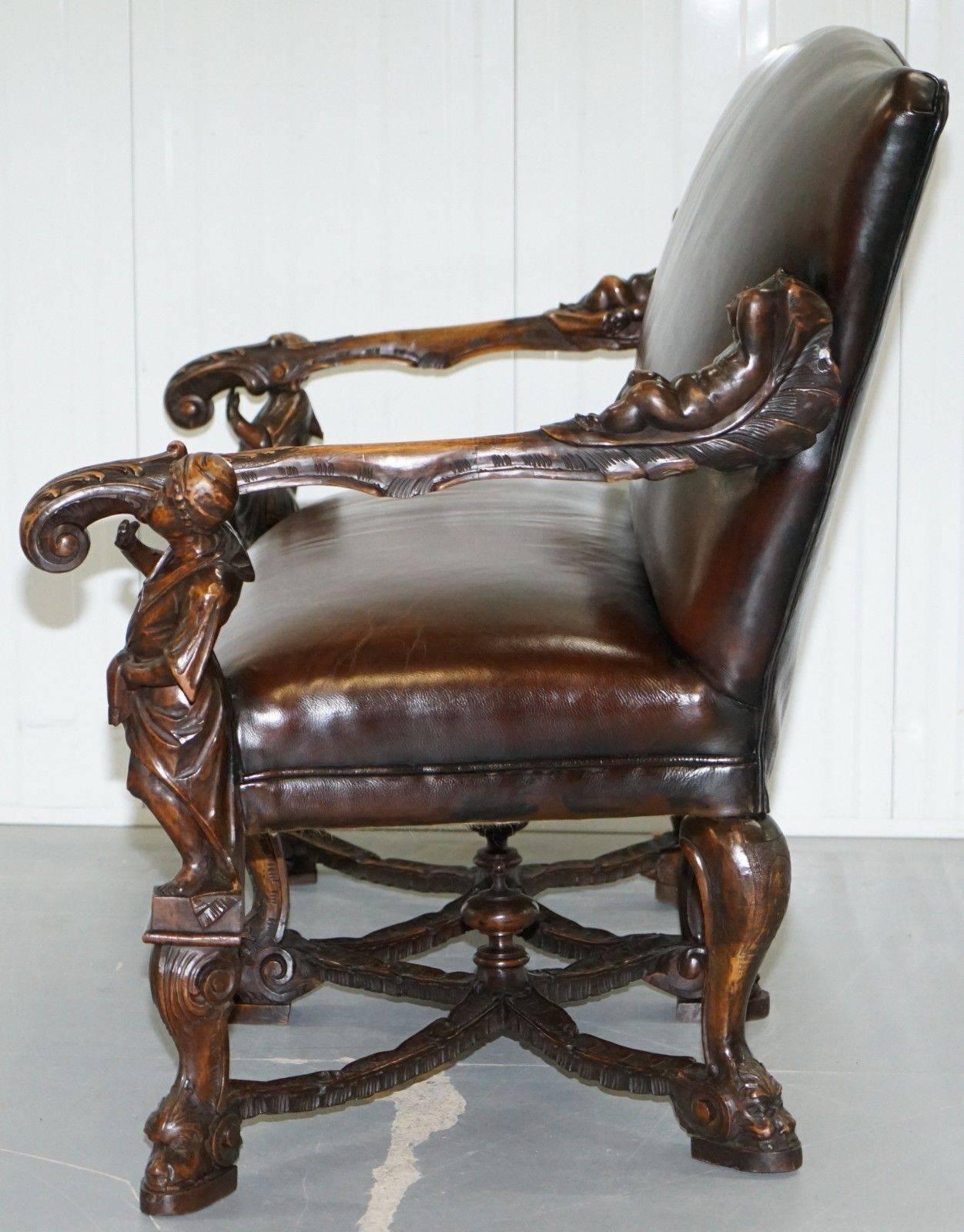 Andrea Brustolon Carved Venetian Baroque Walnut Settee Sofa Bench Brown Leather For Sale 3