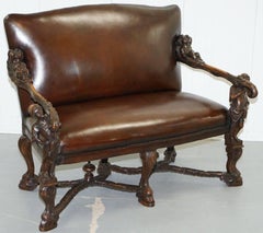 Andrea Brustolon Carved Venetian Baroque Walnut Settee Sofa Bench Brown Leather