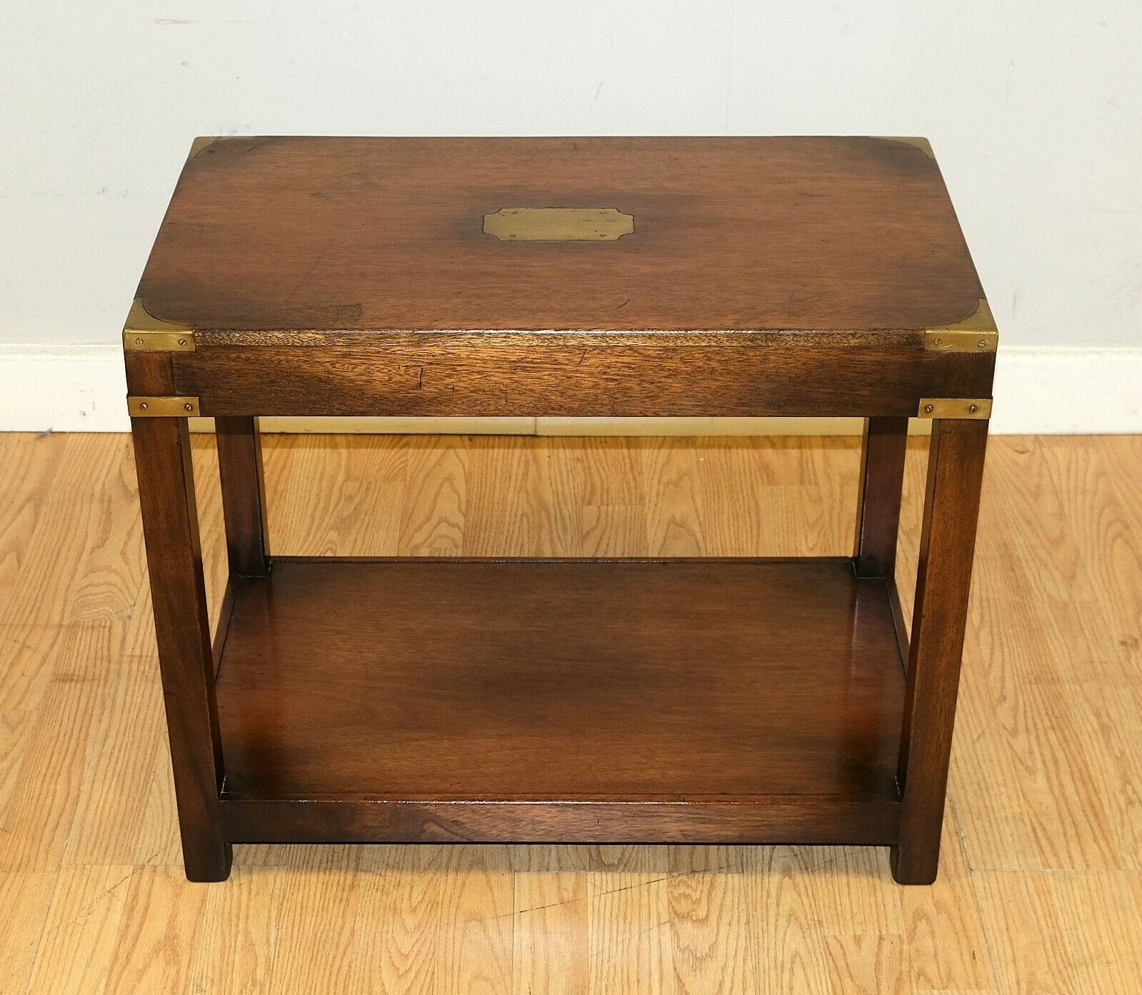 Lovely Kennedy Campaign Hardwood Side Table Brass Inset on Top & Single Shelf