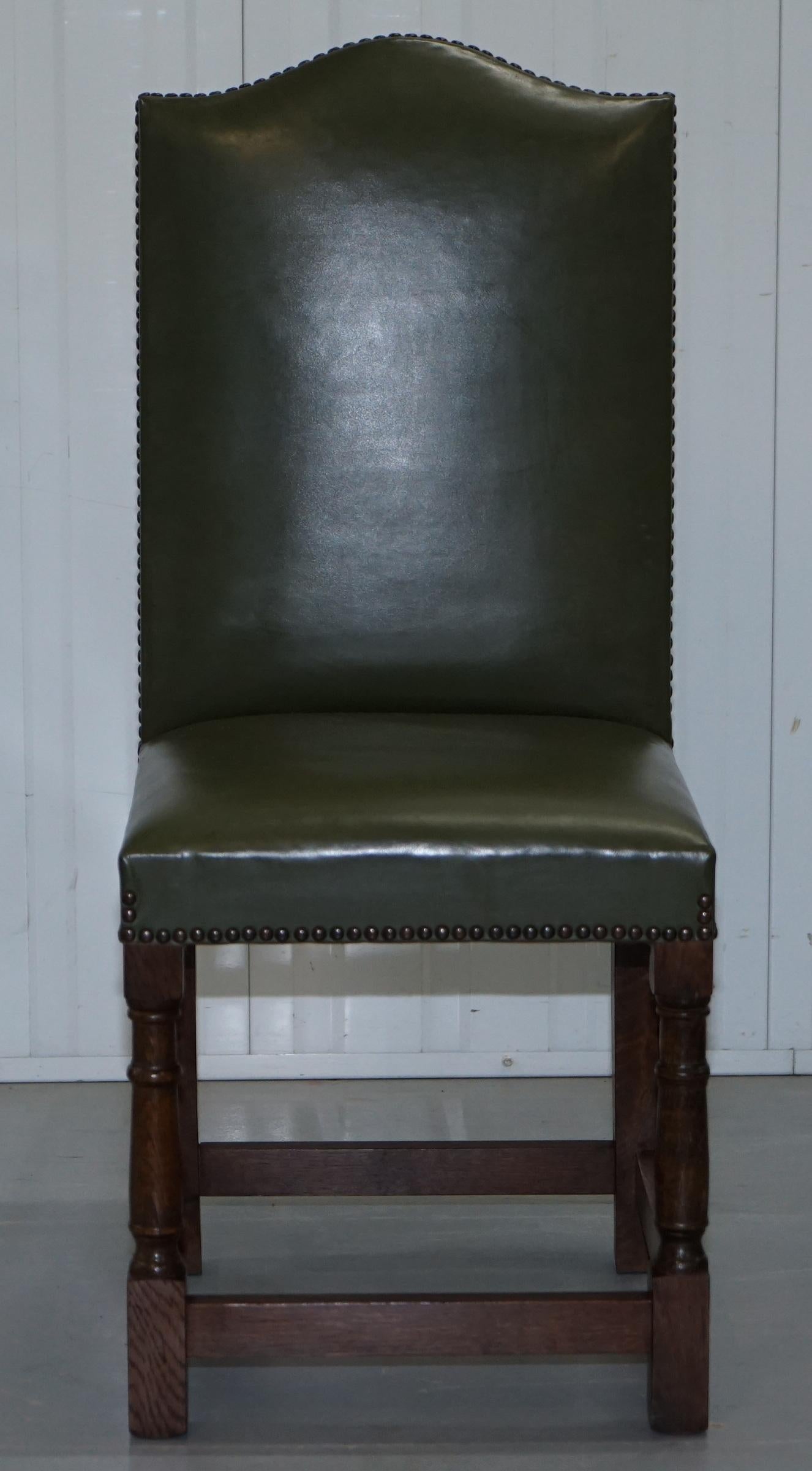 Hand-Crafted Nice Set of Six Edwardian English Oak and Green Leather High Back Dining Chairs