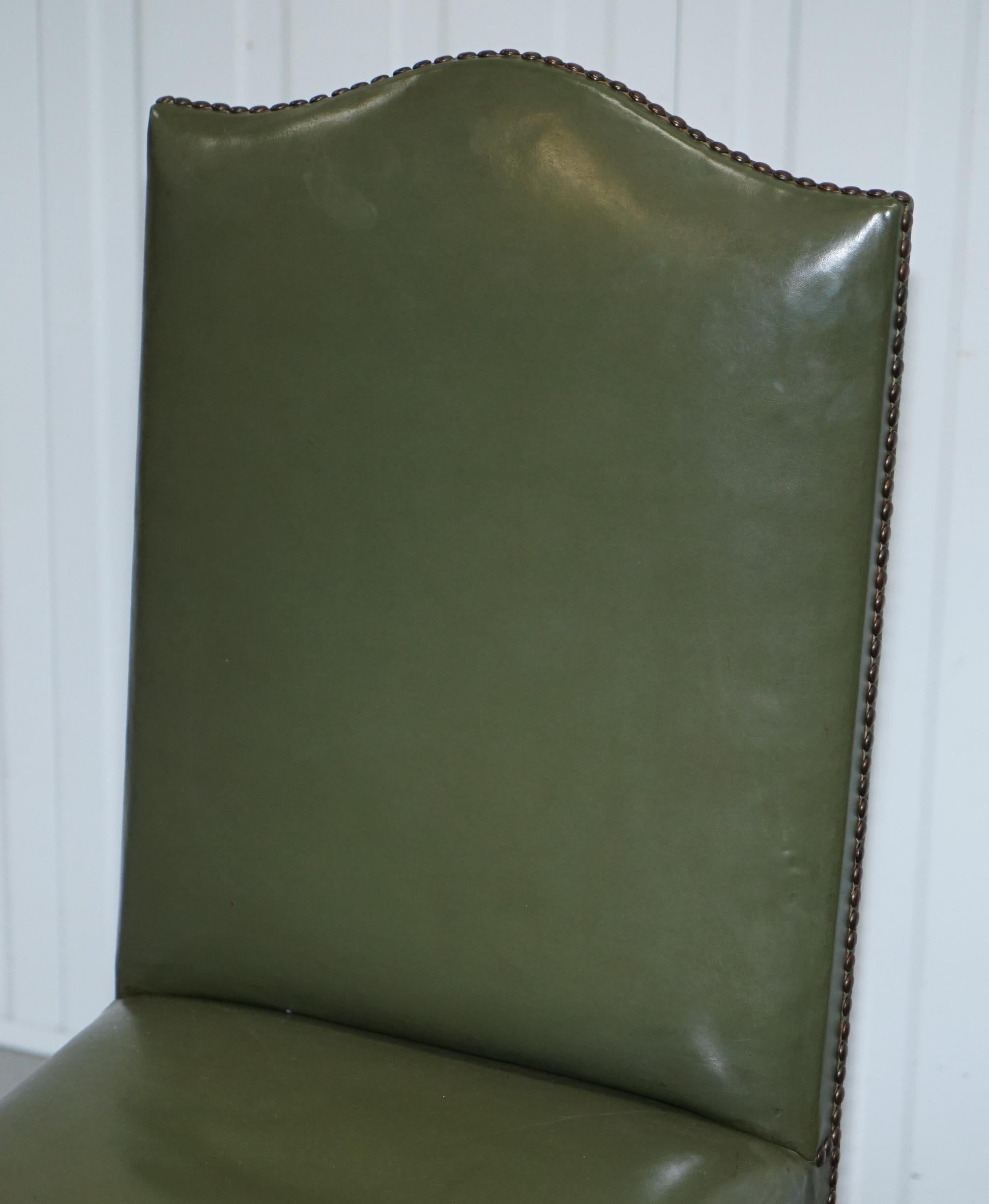 Early 20th Century Nice Set of Six Edwardian English Oak and Green Leather High Back Dining Chairs