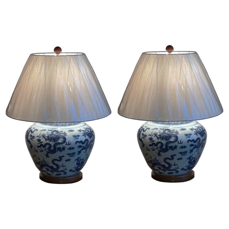 Very Lovely Pair Of Ralph Lauren Blue Chinese Dragons Porcelain Table Lamps  at 1stDibs