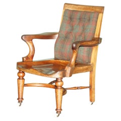 GRANDE SEDIA DA SCRIVANIA ANTICA INGLESE DEL 1840 CIRCA, IN MOGANO E TARTAN SCOZZESE