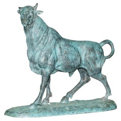 ANTiQUE VERDIGRIS BRONZE ANTOINE LOUIS BARYE 1795-1875 SIGNED BULL COW STATUE