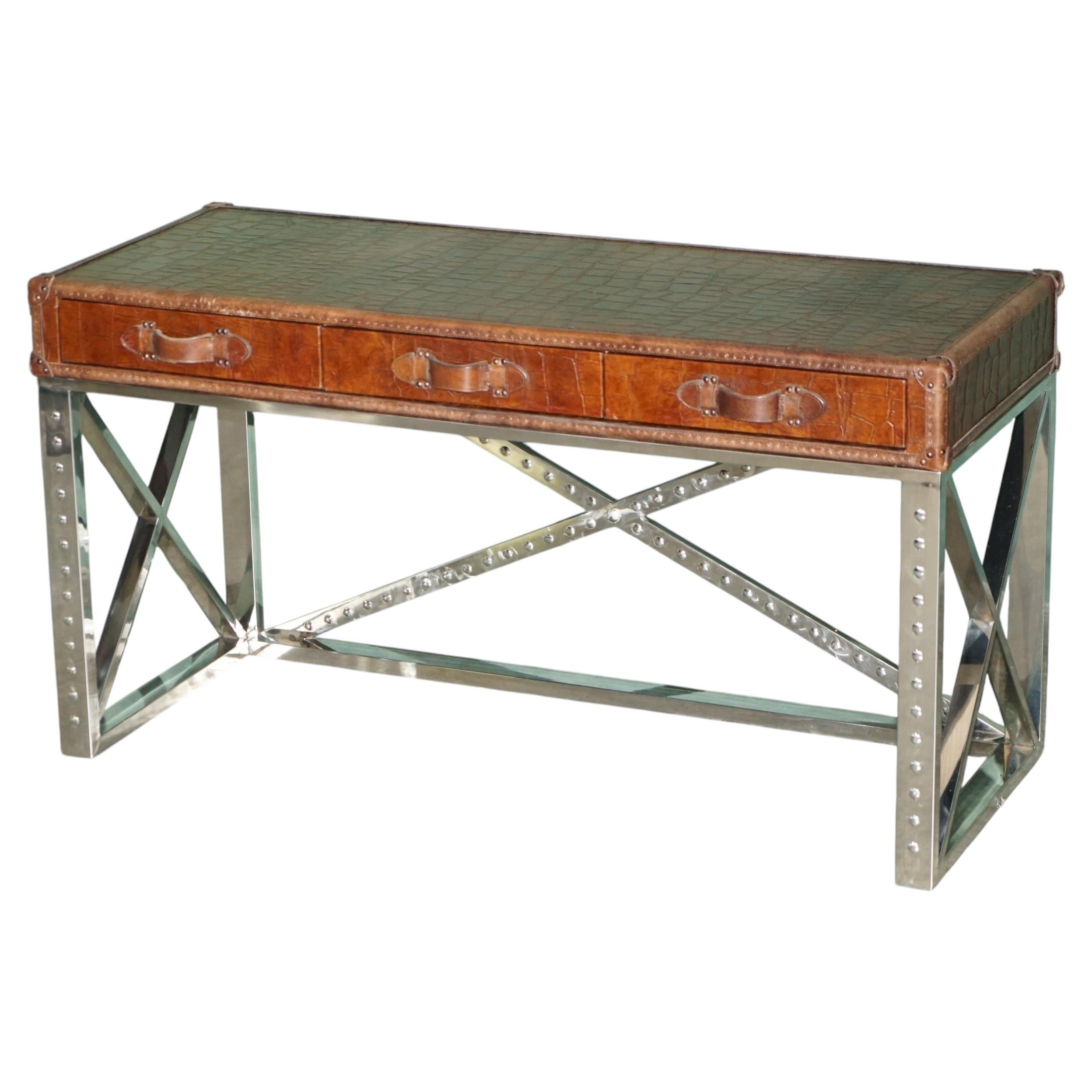 FAUX CROCODILE ALLIGATOR LEATHER PATiNA CHROME FRAMED DESK WRITING TABLE DRAWERS For Sale