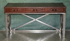 FAUX CROCODILE ALLIGATOR LEATHER PATiNA CHROME FRAMED DESK WRITING TABLE DRAWERS