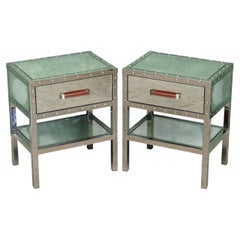 Pair of Eichholtz Mirror Chrome Bedside Nightstand Tables with Leather Handles