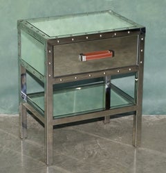 Pair of Eichholtz Mirror Chrome Bedside Nightstand Tables with Leather Handles