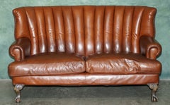 TETRAD FLUTED BACK MUSTANG BROWN LEATHER WiNGBACK THREE SEAT LOUNGE SOFA SETTEE