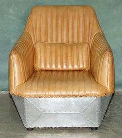 FiNE TAN BROWN LEATHER MUSTANG FLUTED POLISHED ALUMINIUM AVIATOR LOUNGE ARMCHAIR