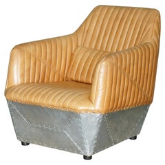 FiNE TAN BROWN LEATHER MUSTANG FLUTED POLISHED ALUMINIUM AVIATOR LOUNGE ARMCHAIR