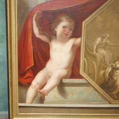 HUGE ANTIQUE 1860 CLASSICAL OIL PAINTiNG OF PUTTI REVEALING THE CHARIOT OF APOL