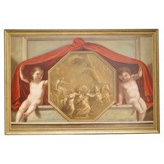 HUGE ANTIQUE 1860 CLASSICAL OIL PAINTiNG OF PUTTI REVEALING THE CHARIOT OF APOL