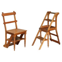 ANTIQUE 1880 METAMORPHIC ARTS & CRAFTS LiBRARY STEPS IN TIGER ENGLISH OAK