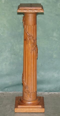 ANTIQUE ENGLiSH VINE CARVED OAK PEDESTAL JARDINIERE COLUMN DISPLAY STAND