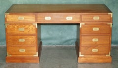 ViNTAGE RESTORED HARRODS KENNEDY TEAK & BRASS MILITARY CAMPAIGN PEDESTAL DESK