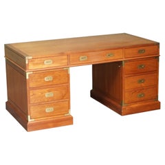ViNTAGE RESTORED HARRODS KENNEDY TEAK & BRASS MILITARY CAMPAIGN PEDESTAL DESK