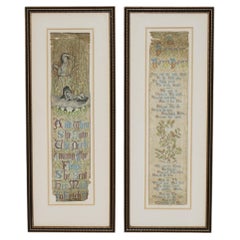 PAIR OF ANTiQUE VICTORIAN SILK SAMPLER EMBROIDERED PANELS AFTER WILLIAM MORRIS