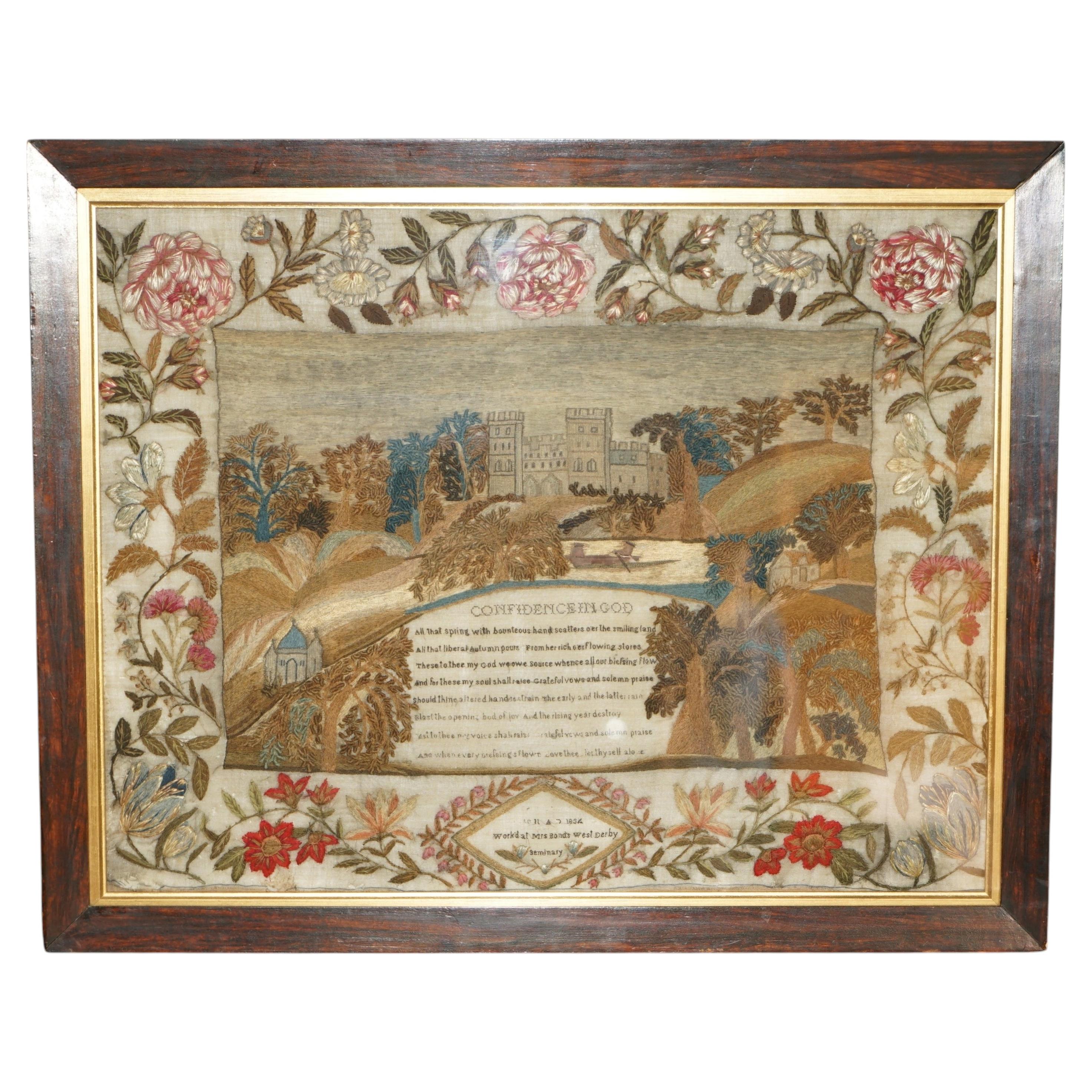 IMPORTANT 1834 NEEDLEWORK STUMPWORK SAMPLER IN ANTiQUE WILLIAM IV HARDWOOD FRAME