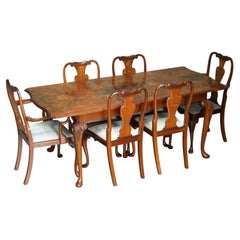 VINTAGE 1940'S BURR & BURL WALNUT ENGLISH EXTENDING DINING TABLE & SIX CHAIRs