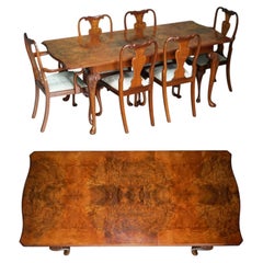 VINTAGE 1940'S BURR & BURL WALNUT ENGLISH EXTENDING DINING TABLE & SIX CHAIRs