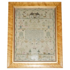 FiNE GEORGE III ANTIQUE PICTORIAL FRIENDSHIP SAMPLER DATED 1798 BURR MAPLE FRAME