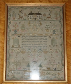 FiNE GEORGE III ANTIQUE PICTORIAL FRIENDSHIP SAMPLER DATED 1798 BURR MAPLE FRAME