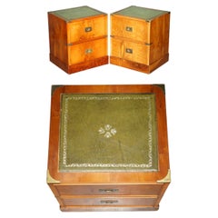 PAIR OF HARRODS KENNEDY MiLITARY CAMPAIGN SIDE END TABLE DRAWERS GREEN LEATHER