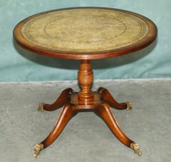 FLAMED HARDWOOD HERITAGE GREEN LEATHER TOP & BRASS LiONS PAW CASTOR SIDE TABLE