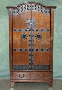 ANTIQUE KOREAN ELM JANG CABINET WITH ELABORATE IRON MOUNTS CiRCA 1900