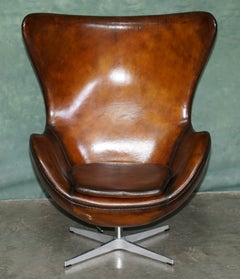 LUXURY FULLY RESTORED HAND DYED CiGAR BROWN LEATHER EGG SWIVEL LOUNGE ARMCHAIR