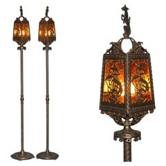 PAIR OF AMERICAN 1920 GOTHiC REVIVAL BRONZE AMBER GLASS SHIP LANTERN FLOOR LAMPS
