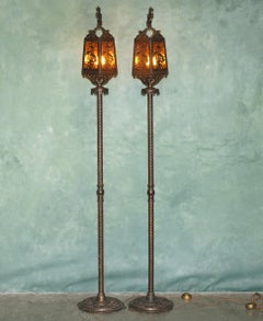 PAIR OF AMERICAN 1920 GOTHiC REVIVAL BRONZE AMBER GLASS SHIP LANTERN FLOOR LAMPS