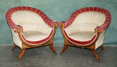 PAIR OF REGENCY 1820 HARDWOOD MARQUETRY INLAID LIBRARY ARMCHAiRS FOR RESTORATION