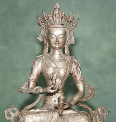TIBETAN SILVERED METAL BUDDHIST DEITY FiGURE STATUE ON LOTUS BASE 20TH CENTURY