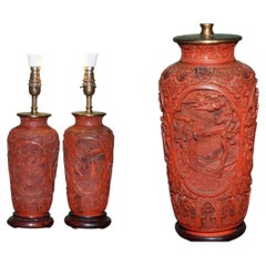 DECORATiVE PAIR OF ANTIQUE CHINESE CARVED CINNABAR LACQUER VASE TABLE LAMPS