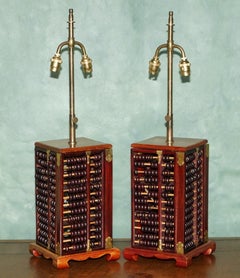 RESTORED PAIR OF CHINESE HARDWOOD ABACUS SUANPAN TABLE LAMPS WITH BRASS FiTTINGS