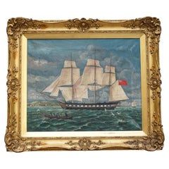 SUBLIME E. N. LAW 19TH CENTURY BRiTISH MARITIME OIL PAINTING THREE MASTED SHIP